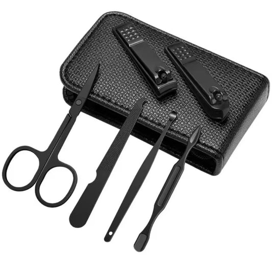 Kit de Manicure e Pedicure Luxo Portátil – 6 Peças, Preto Brilhante, Ferramentas de Cuidados Pessoais de Alta Qualidade com Tesoura para Sobrancelhas